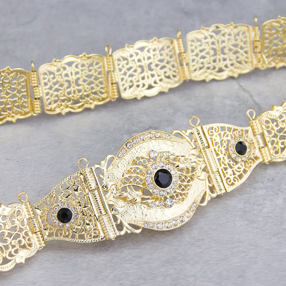 Sunspicems 14 Color Moroccan Caftan Belt Adjustable Gold Plating Crystal Pearl Jewerly Hollow Metal Waist Chain Arabic Bridal