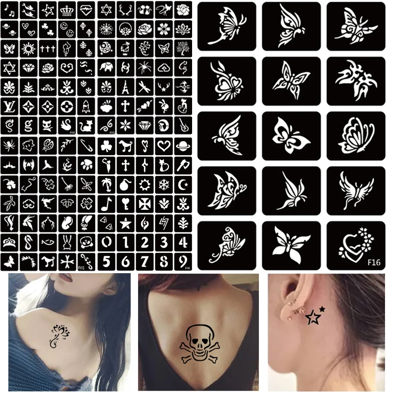 

326pcs 12 Sheets Airbrush Glitter Tattoo Stencil Woman Girl Kids Drawing Template,Small Flower Butterfly Cartoon Tattoo Stencil