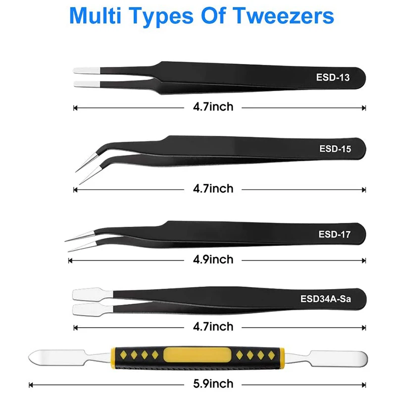 10-teiliges Präzisionspinzetten-Set, Premium-Pinzetten-Kit, elektronische ESD-Pinzette aus Edelstahl, anti statische Pinzette