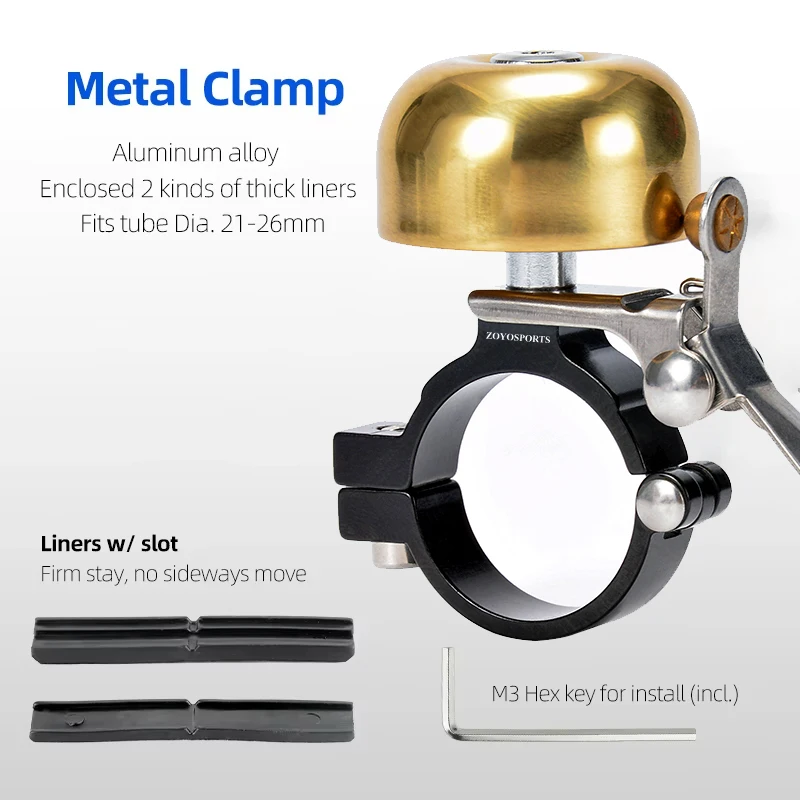 ZOYOSPORTS Classic Cycle Brass Bell Left Right Hand Use Bike Handlebar Mount Anodized 35mm Ring High Pitch Crisp Noise Warning