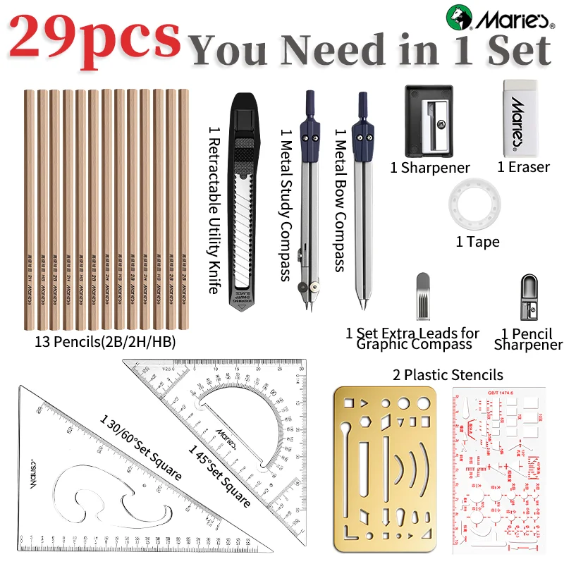 Marie's Professional Geometry Set,29 pcs Math Kit with Storage Box for Artists for Drafting,Drawings,Designing,Engineering