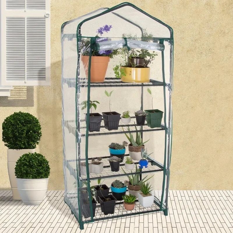 Mini serre à 4 niveaux - Serre portable avec cadre antirouille et couvercle en PVC pour intérieur/extérieur - 27,5 x 19 x 63 pouces Vert