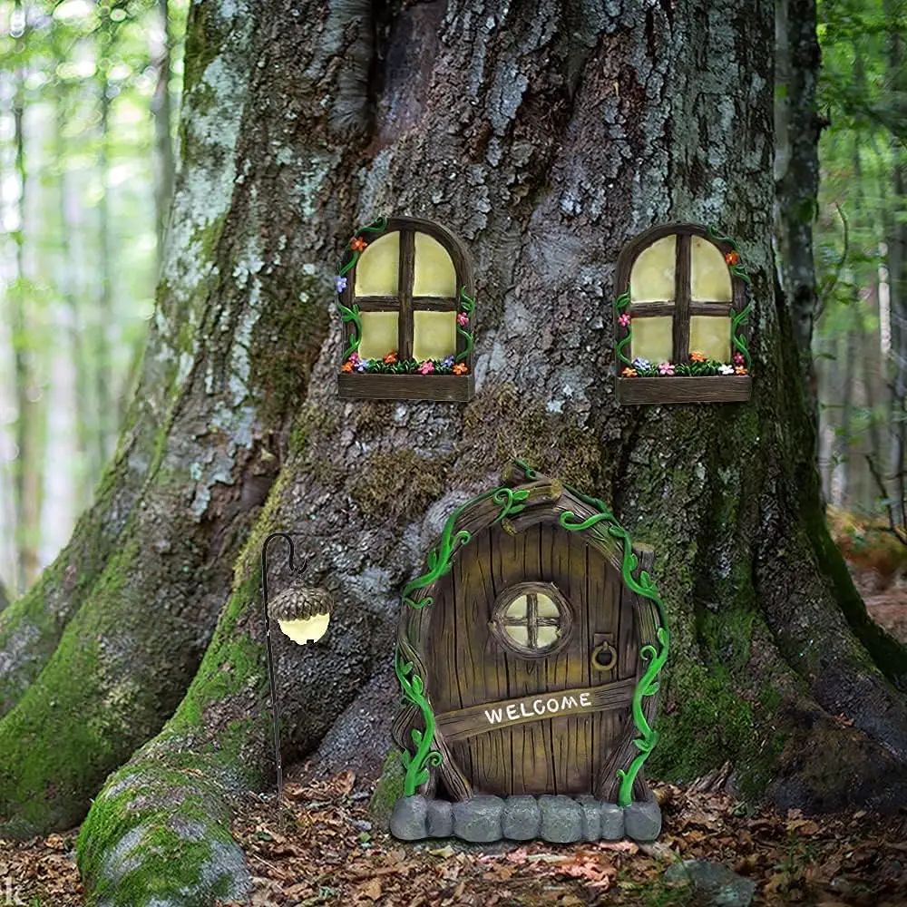 Resin Door Window Pendants Luminous Door and Window Tree Hanging, Courtyard Garden Decoration Handicrafts Big Tree Decoration