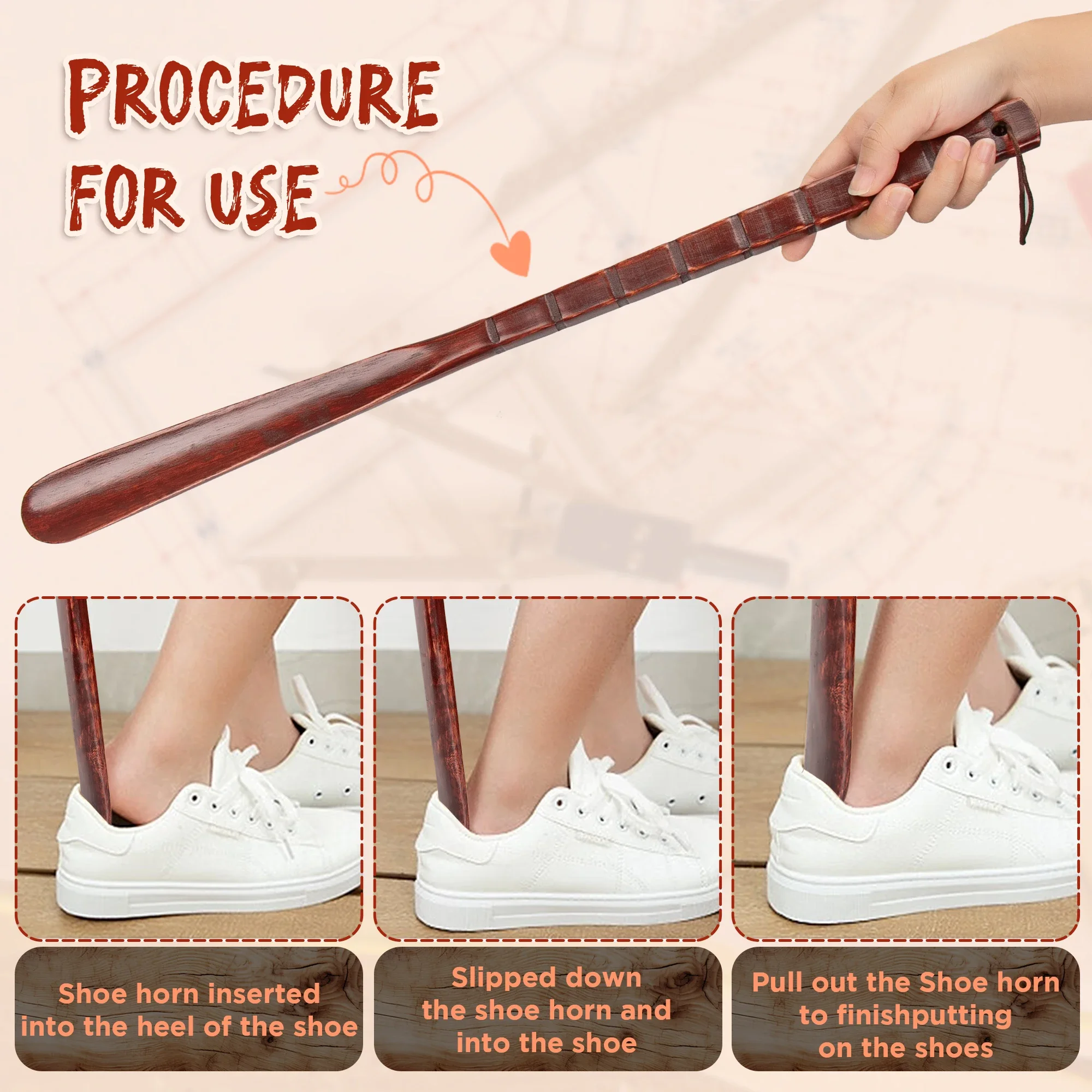 54CM Wooden Shoehorn Long Handle Beech Shoe Horn with Leather Strap Flexible shoe Lifter Extra Long Comfortable Wood Shoe Horns image 3