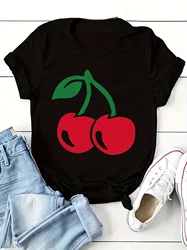 Cherry Print T-shirt Short Sleeve Crew Neck Casual Top For Summer & Spring Women's Clothing Soft Tops Fashion Cool Tee Clothes