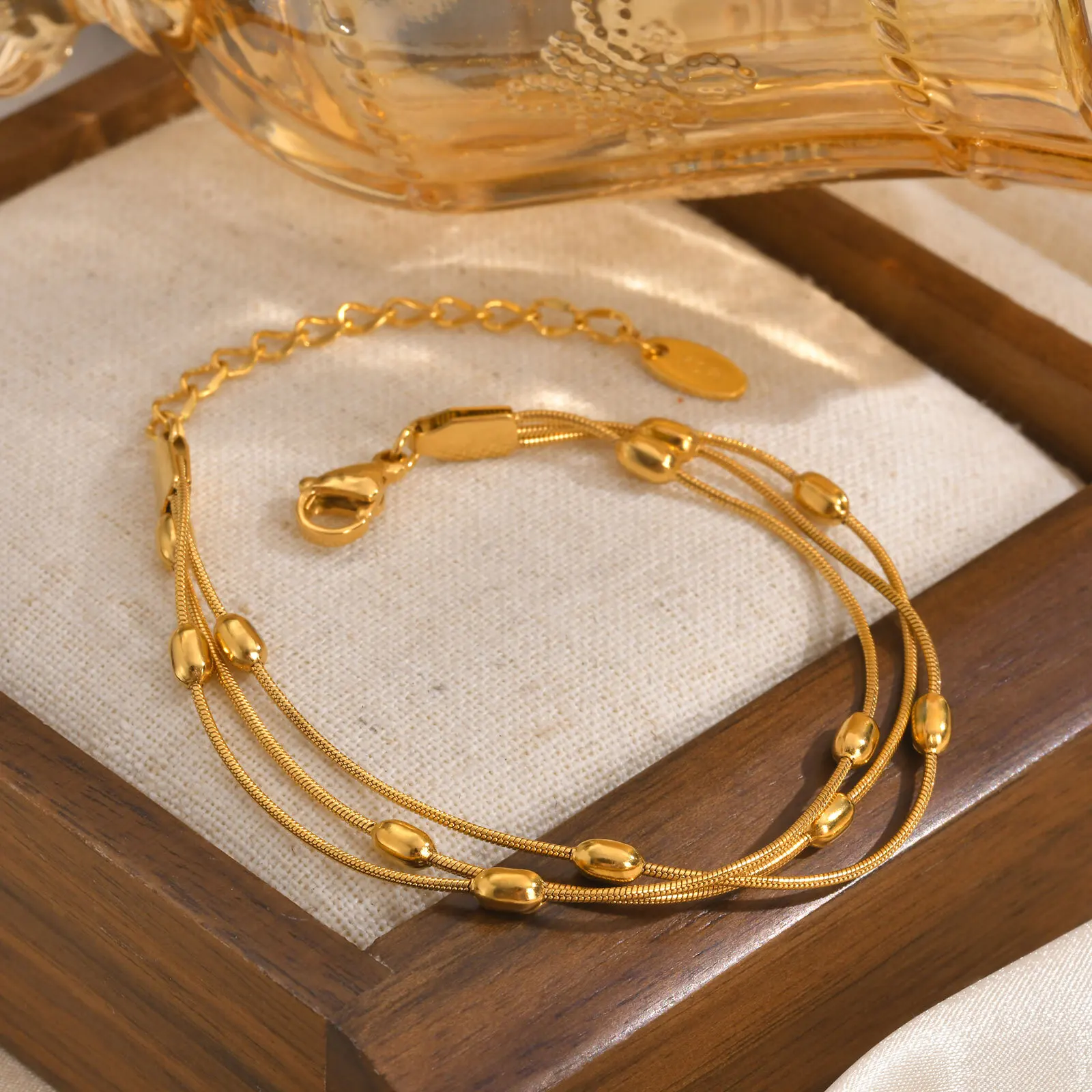 Multilayer Round Beaded Snake Chain Bracelets, Gold Plated Waterproof Adjustable Stainless Steel Link Women Jewelry