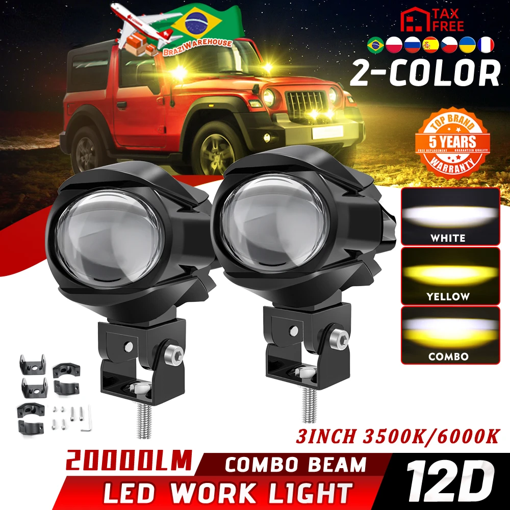 

CO LIGHT 3“ 20000LM Dual LED Projector Lens Headlight Auxiliary Yellow/White Lighting for Motorcycle ATV SUV Fog Driving Lights