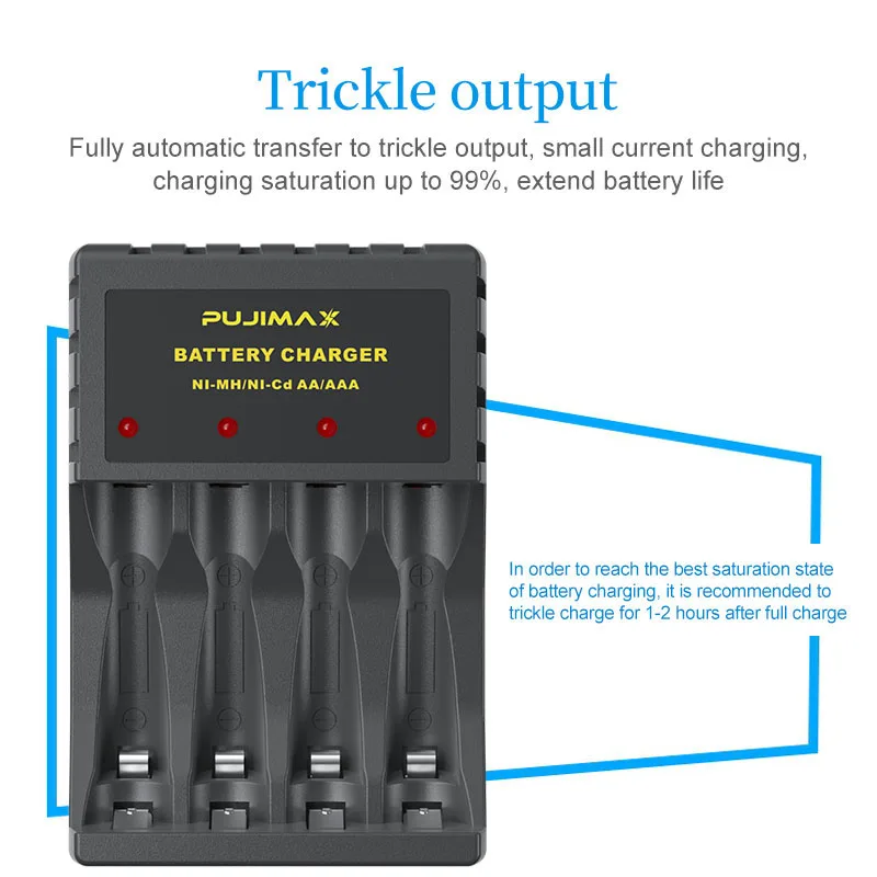 PUJIMAX 4 gniazda inteligentna ładowarka do akumulatora z kablem USB kabel do szybkiego ładowania 1.2V do akumulatorów AA/AAA Ni-mh Ni-Cd