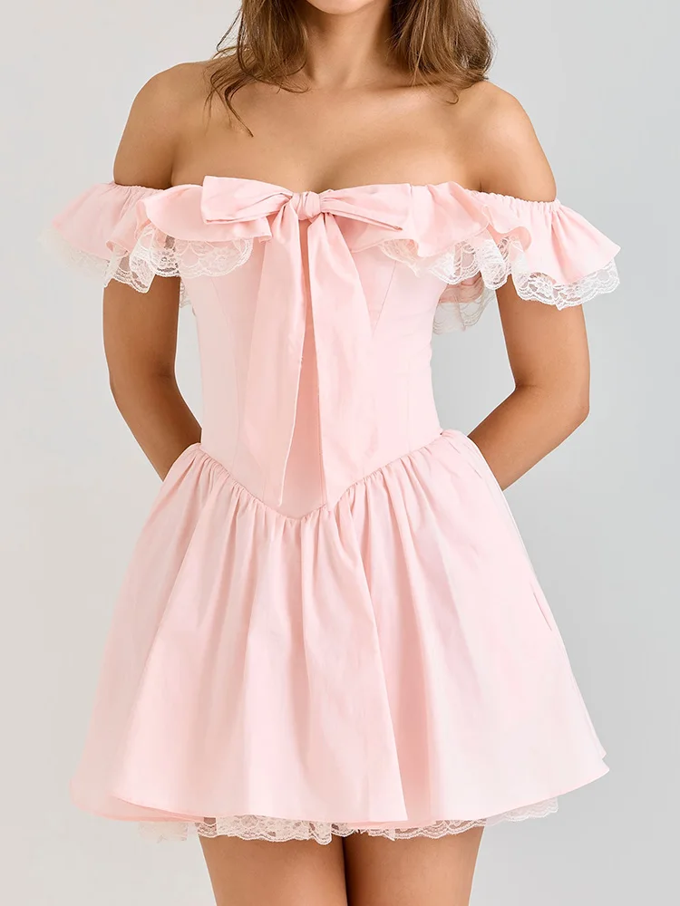 Estilo francês fora do ombro mini vestido feminino babados sexy rosa sem costas laço alta rua vocação senhoras em camadas vestido novo