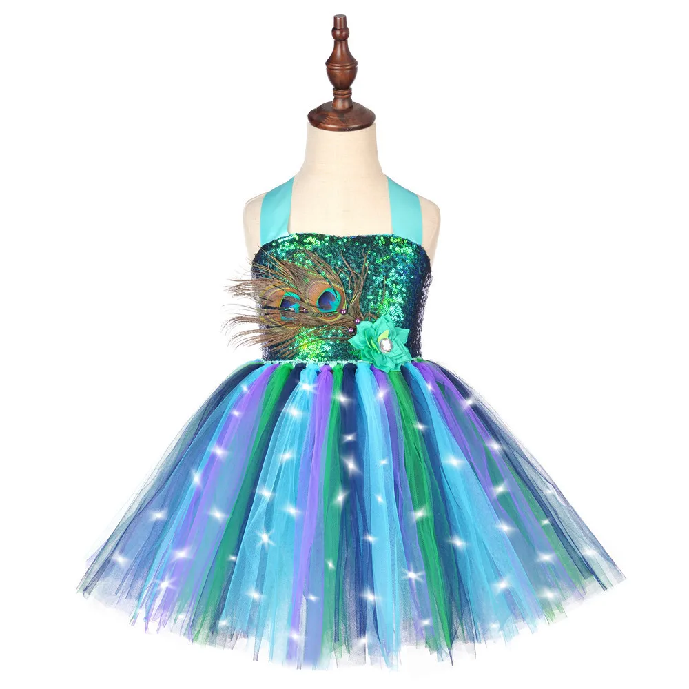 Led Light Peacock Costume for Girls Sequins Flower Feathers Tutu Dress for Kids Halloween New Year Outfit Birthday Party Clothes