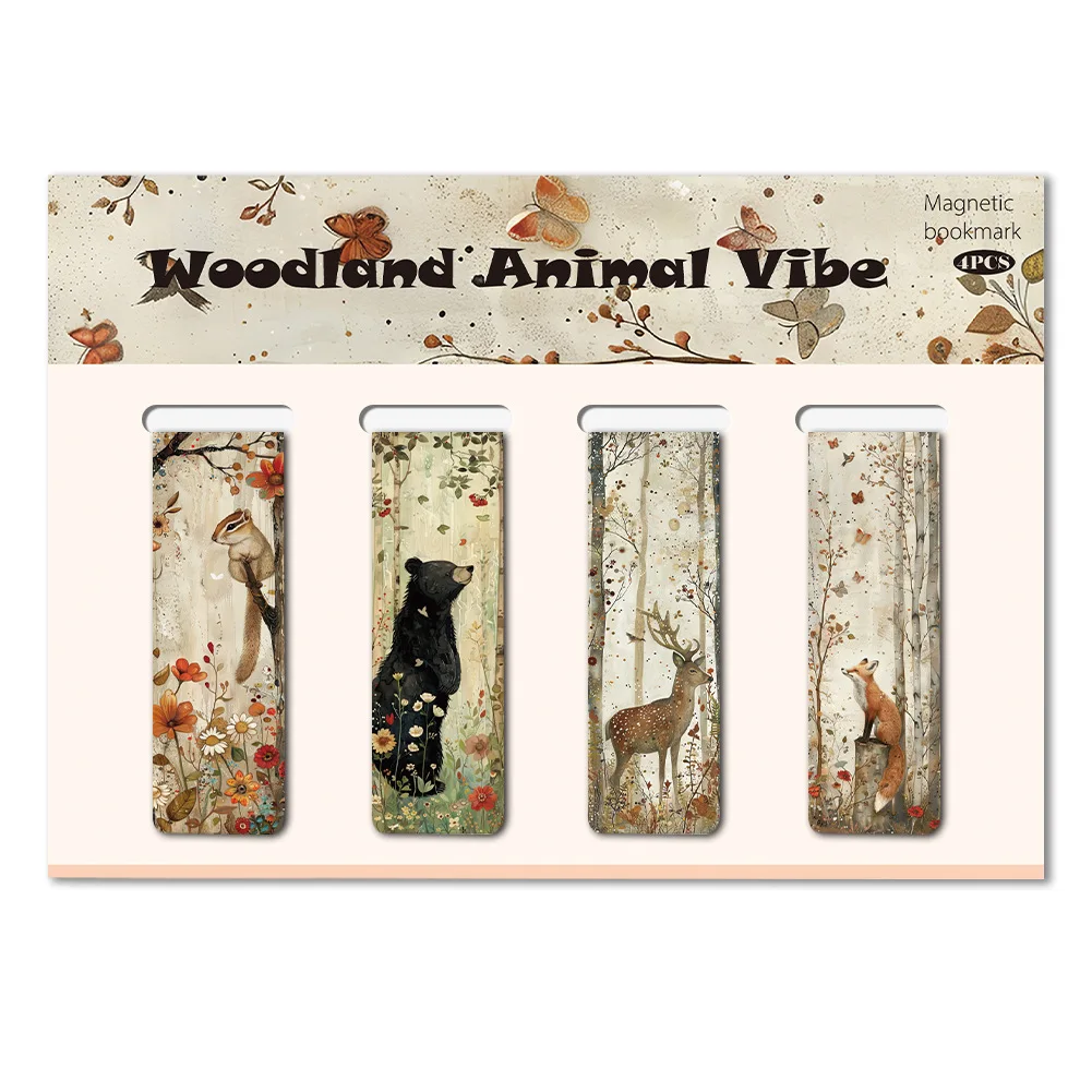 4PCS Woodland Animal Magnetic Bookmarks Vintage Forest Creatures Bookmarks Set, Aesthetic Animal Book Lover Gifts for Readers