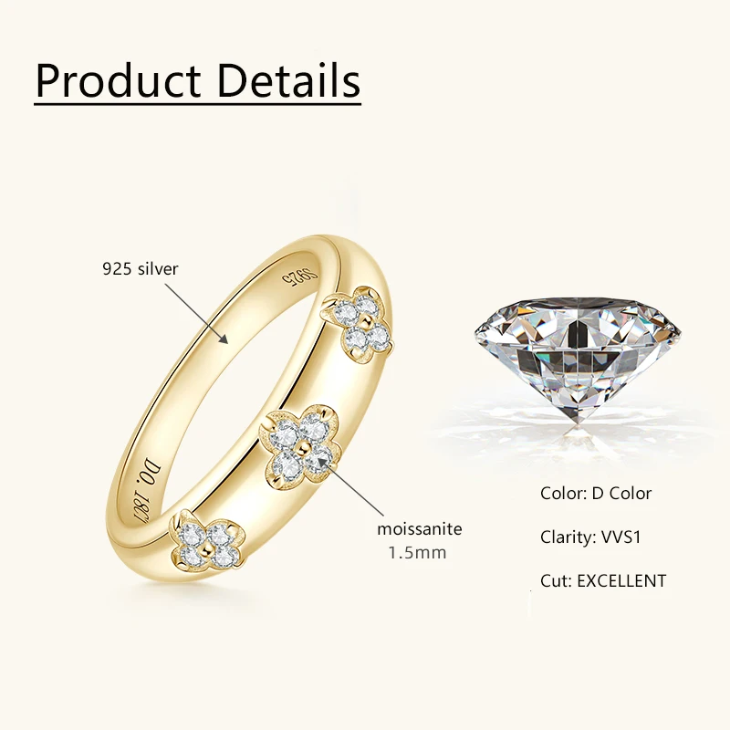 Lnngy 0.18CTTW Moissanite Chunky Ring For Women Anelli Argento 925 Sterling Silver Four-leaf Flower Rings Wedding Jewelry Gift