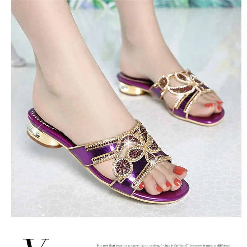 Bohemian Rhinestone Sandals for Women Summer High Heels Gladiator Sandals Woman Slip On Beach Slippers Flip Flops Shoes