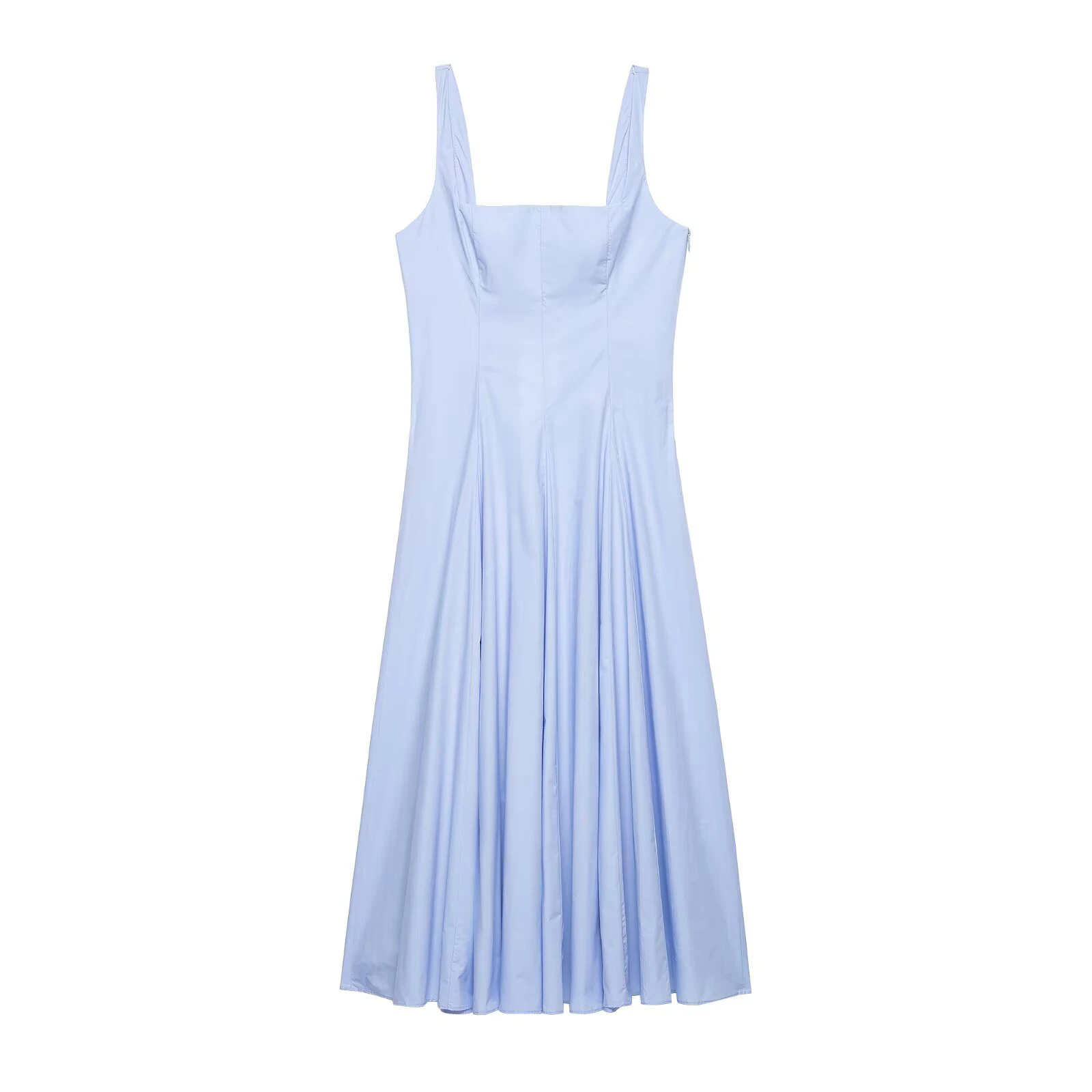 2026 Frühjahr/Sommer Neu Damen Blaues Ärmelloses Kleid mit eckigem Ausschnitt aus Popeline und Rüschenrock