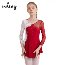 Girls Figure Ice Skating Dress Gymnastics Dance Ballet Tutu Leotard Costumes Long Sleeve Rhinestone Mesh Splice Dress Dancewear