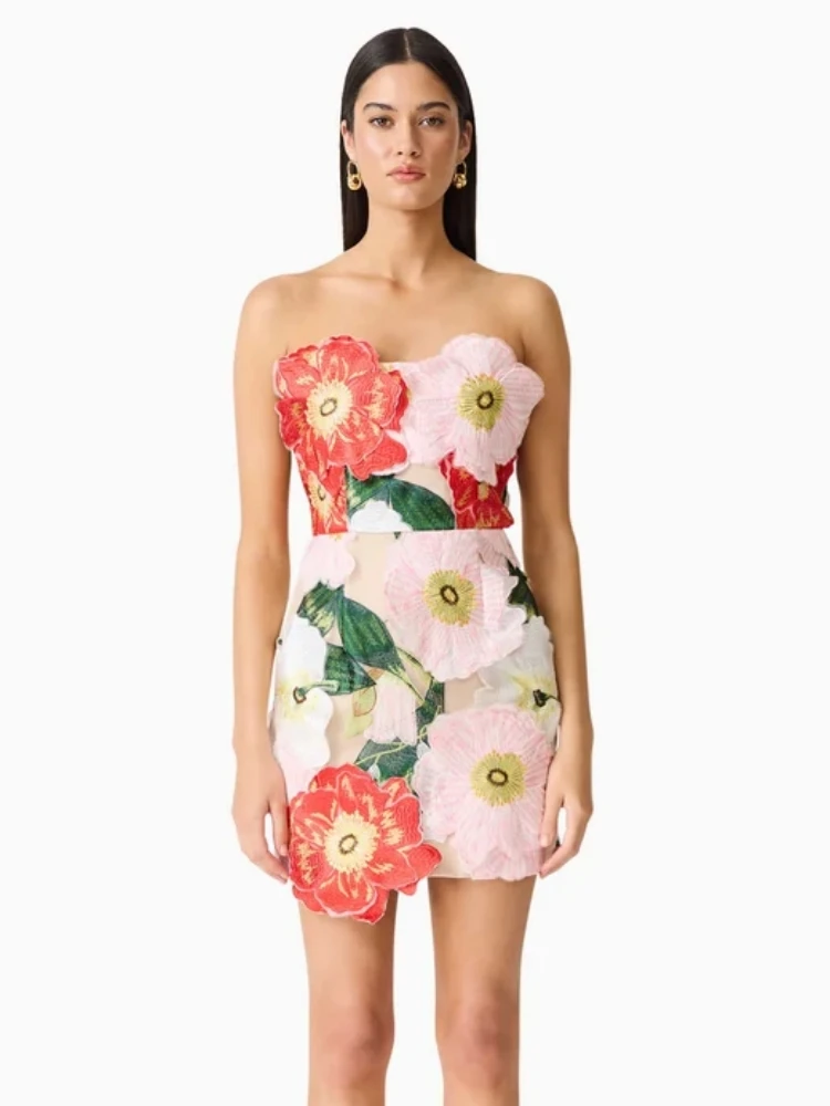 Sexy Strapless 3D Embroidered Flowers Mini Dress Women Sleeveless Backless Florals A-line Dresses Evening Party Cocktail Gowns