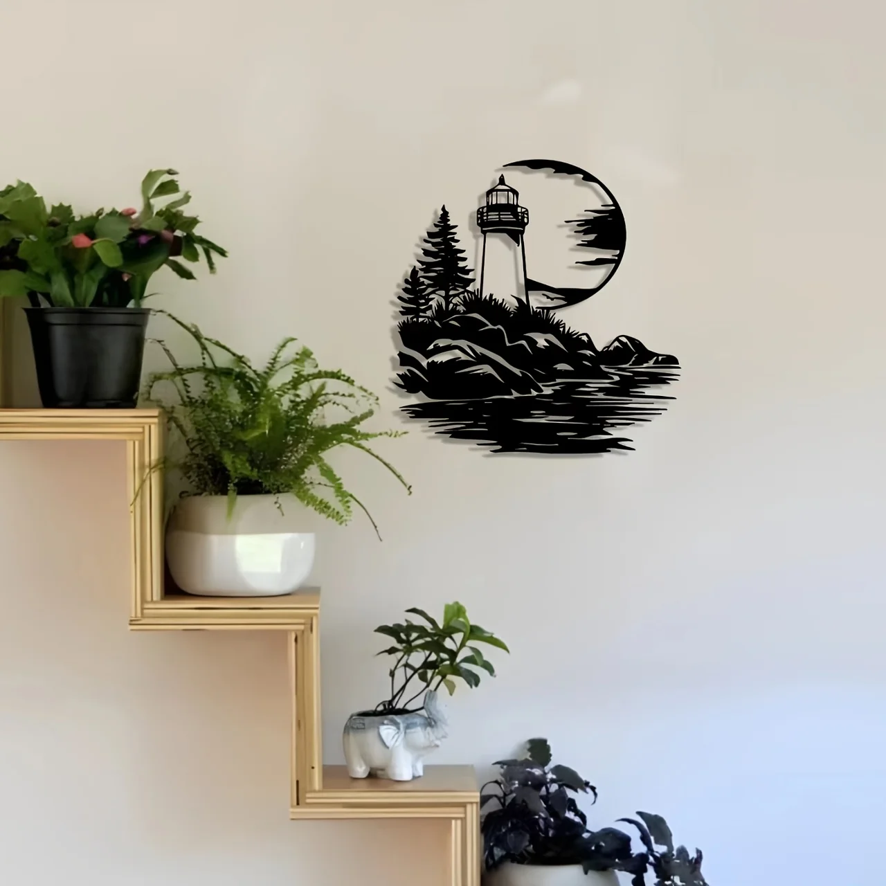 Lighthouse and Pine Tree Metal Wall Decor, 2D Flat Laser Cut Coastal Maritime Silhouette Wall Sculpture, Rustic Nautical Style