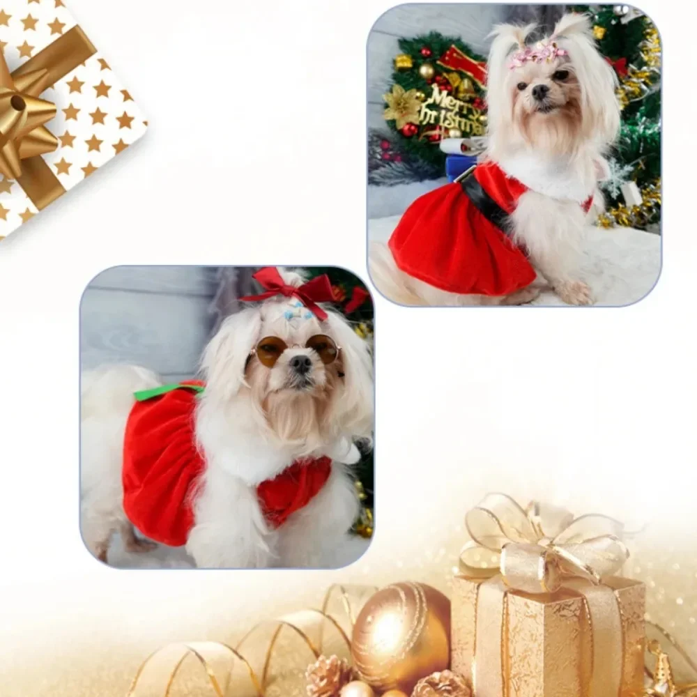 Pet Christmas Clothing Dog Cat Red Dress Warm Bow Frock Golden Velvet Fabric Santa Claus Clothes Dogs Cats Garment Pets Supplies