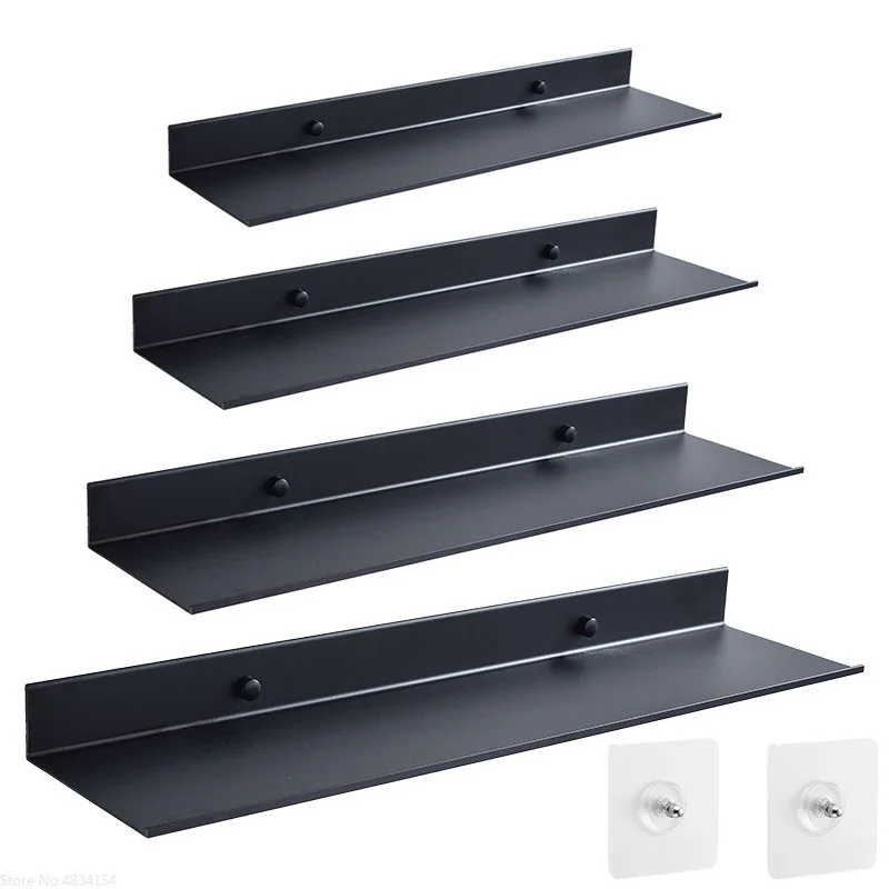 حمام تخزين الرف رفوف الحائط العائمة مات الأسود الحمام المطبخ مرآة معدنية دش المنظم اكسسوارات المنزل لا الحفر #1