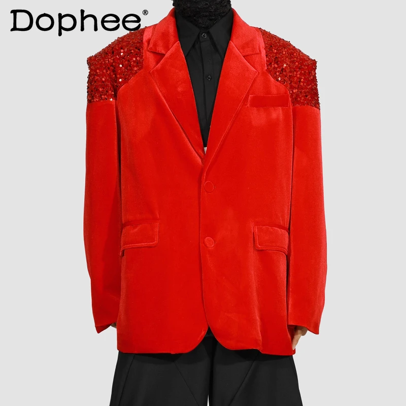 

Men's Fashion Suit Jacket 2025 Autumn New Light Luxury High-End Velvet Sequin Loose Oversize Blazers Long Sleeve Tailored Coats