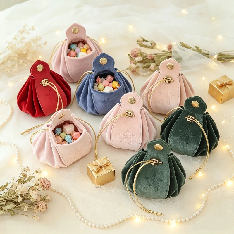 Velvet Drawstring Pouch With Embossed Floral Pattern Jewelry Storage Bag Wedding Party Candy Favor Gift Packaging Organizer