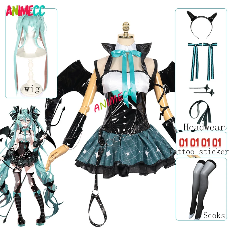 ANIMECC Miku Cosplay Costume parrucca Tattoo Sticker 2023 rassal Mikuu Devil Cosplay Wings Tail Halloween Party Dress per le donne ragazze