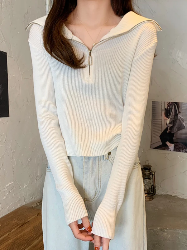 French Sle Knitted Long Sve Zipper Ne Base irt Women's Slim Fit Inner Wear Ele Autumn Design Soft Polyester Fiber