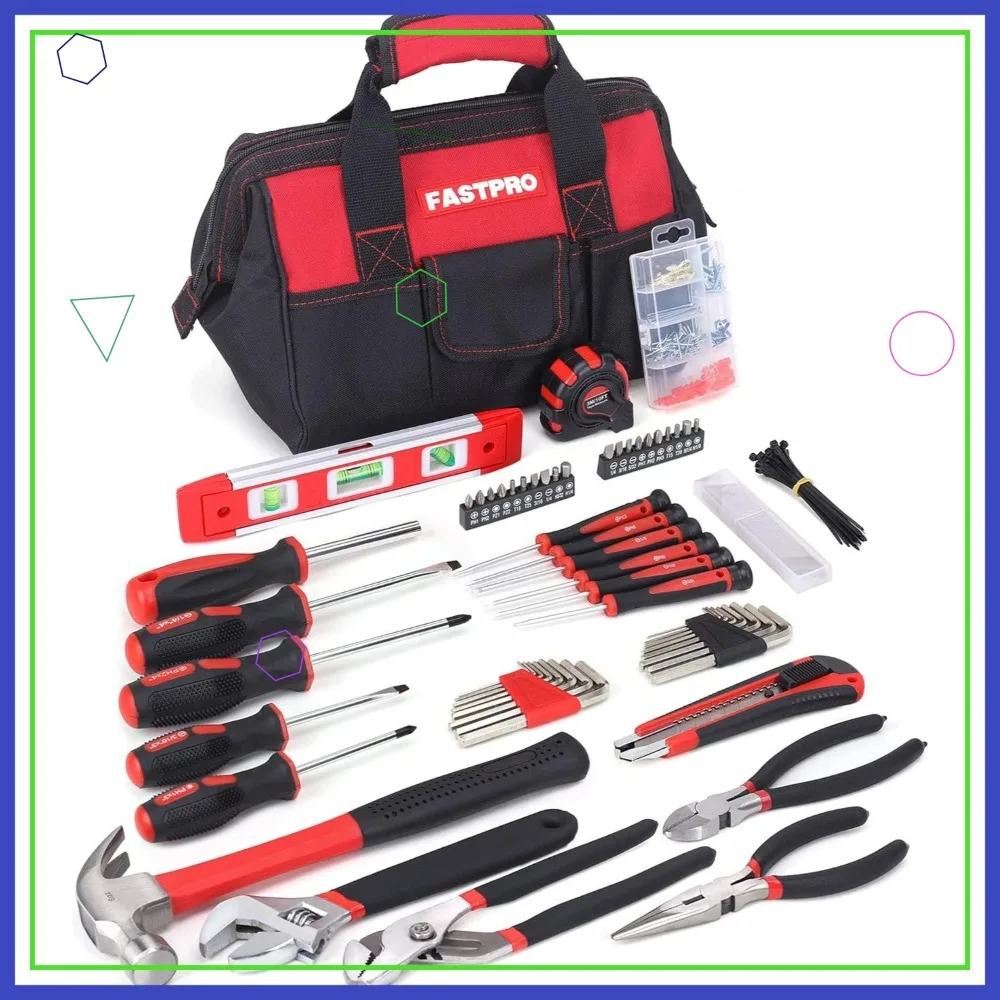 

215-Piece Home Repair Tool Set with 12-Inch Storage Bag, Household Hand Tools, Red