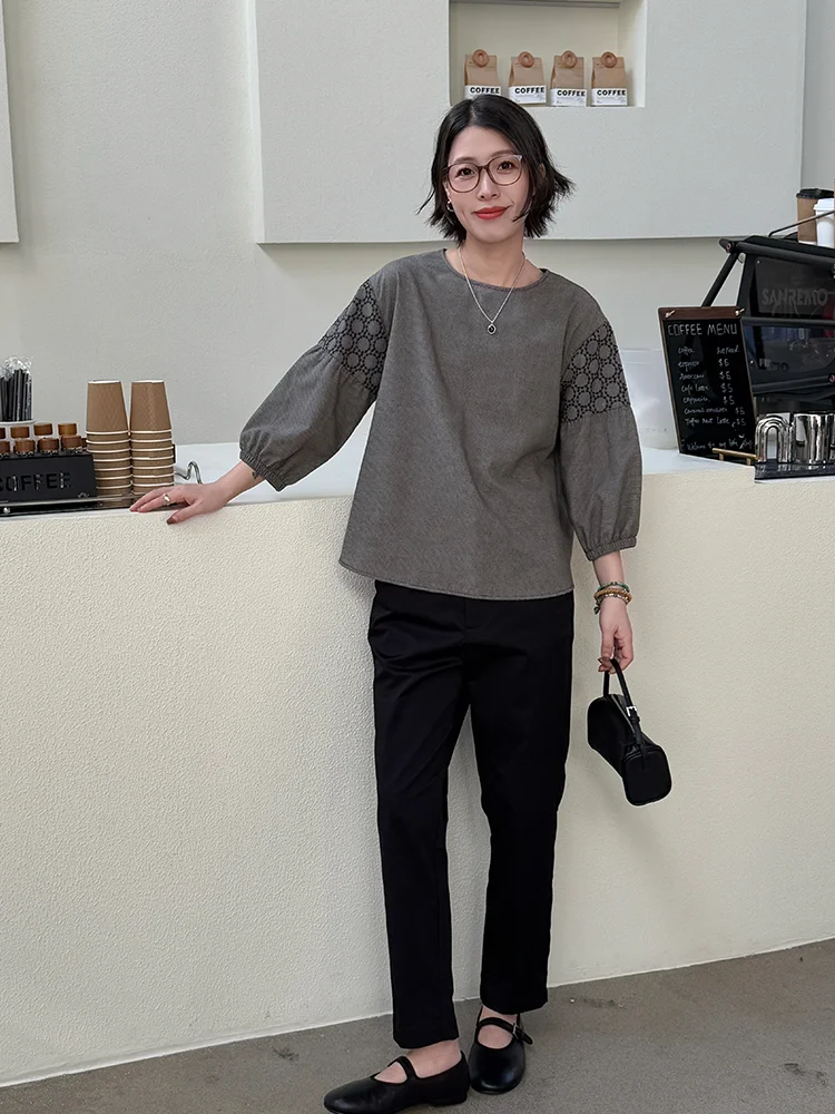 

Bebe Japanese Sle Loose Fit Thin Seven Sve round Ne Plaid irt Women's Casual Sle Polyester Cotton Blend irt