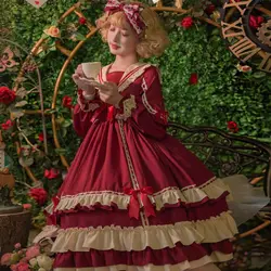 Elegant Christmas OP Long Sleeve Lolita Dress Soft Sisters High Waist Ruffles Vintage Sweet Bow Party Court Vintage Dress