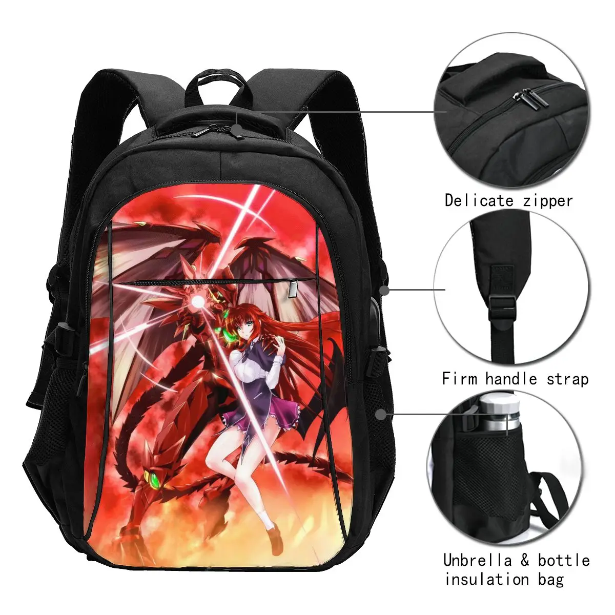 Anime High School DxD Travel Laptop Backpack, Business Water Resistant Laptop Backpack with USB Charging Port, College Bag