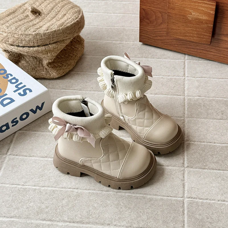 Botas Mujer Fashion Girl Bow Leather Boots 2025 Winter New Kids Snow Boots Comfort Anti Slip Girls Ankle Boots Zapatos De Mujer