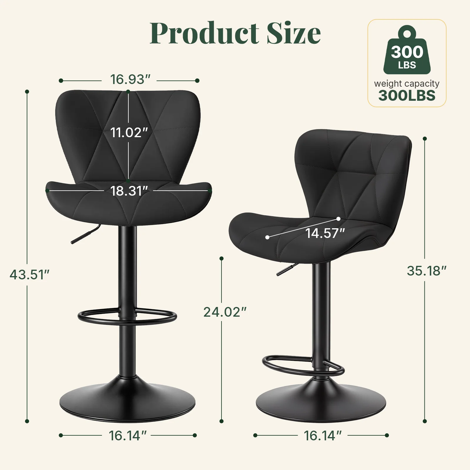 JHK Counter Height Bar Stool Set of 2 PU Leather Adjustable 360 Swivel Bar Chair for Kitchen Island Home Bar
