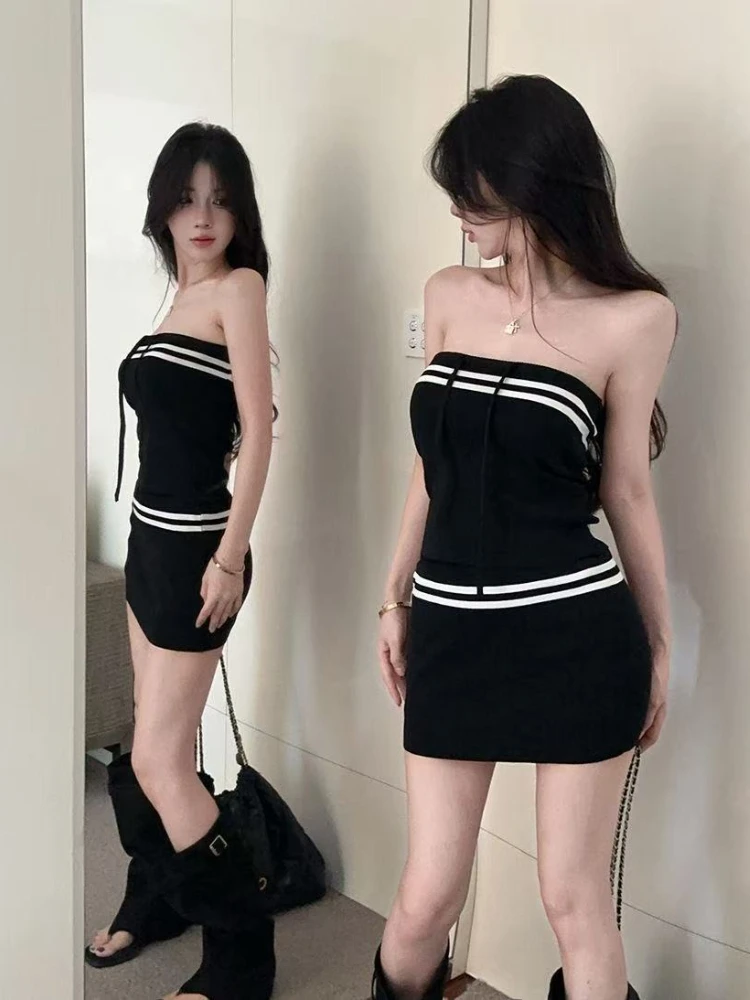Sexy menina quente preto retalhos conjunto de 2 peças verão um ombro listrado topo + mini saia terno harajuku y2k design conjuntos de malha feminino