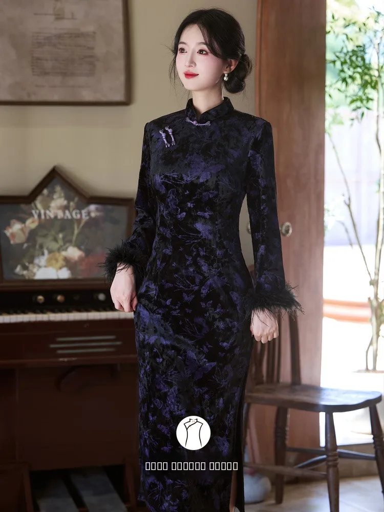 

Новое китайское длинное бархатное платье с традиционным косым воротником, черное, с длинными рукавами, теплое, для повседневной носки