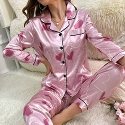 Women's Lounge Sets Sleepwear Long Sleeve Loungewear 2 Piece Button Up Lapel Collar Top With Pants Satin Print Fall Pajama Set