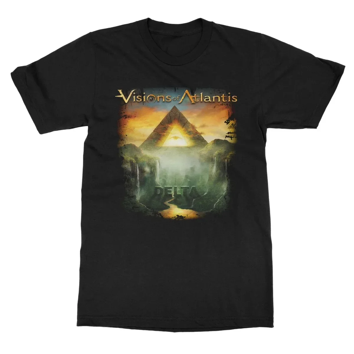 Visions of Atlantis Graphic T Shirt, Front Delta Glowing Pyramid Valley Waterfall Ancient Secret Land Fantasy Art Print T Shirt