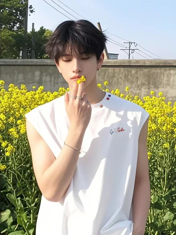 White Heavyweight Men's Vest Summer Sun Clean Boys' Sleeveless T-Shirt Embroidery Sport Shoulder Short Sleeve Fashionable