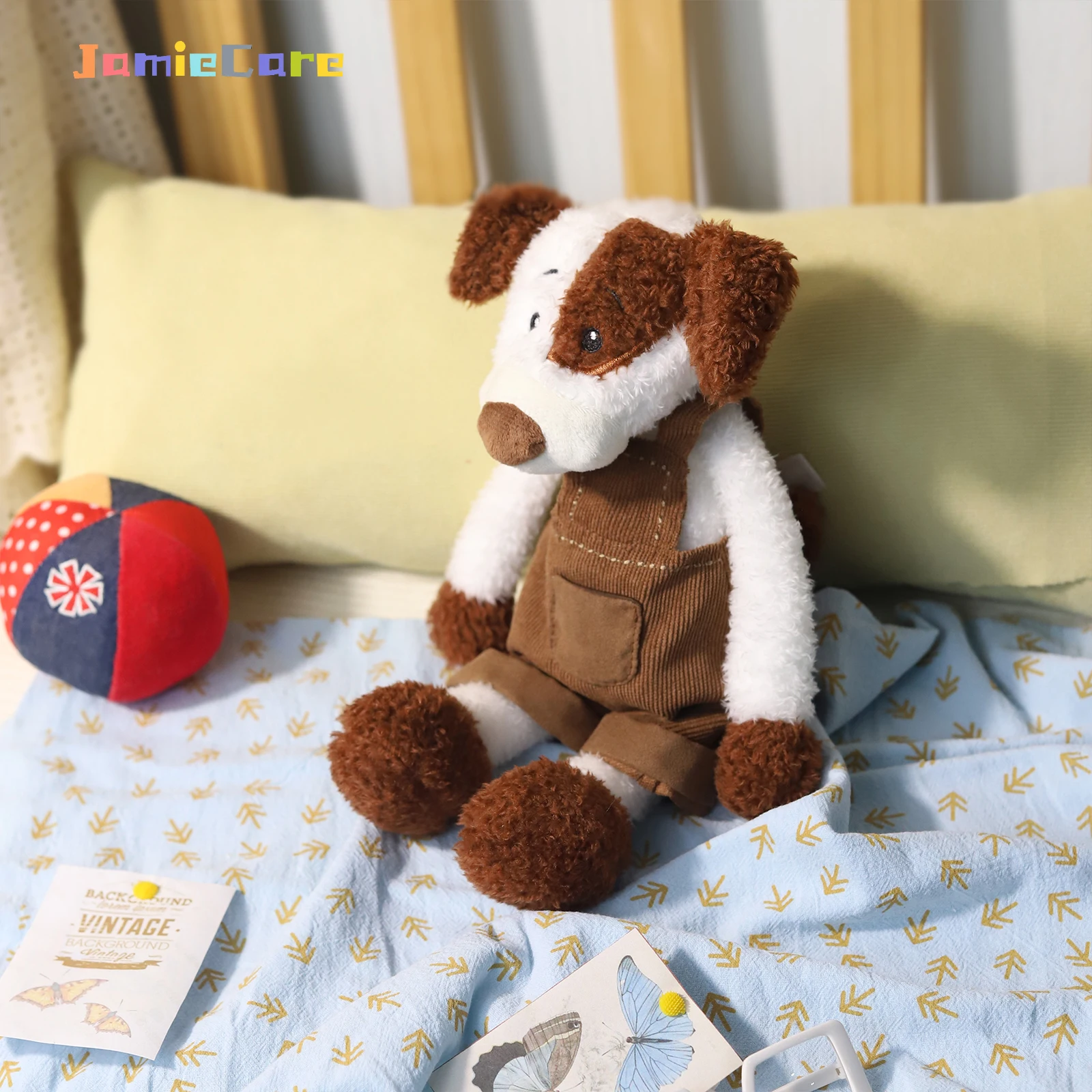 30 cm entzückende Welpen-Plüschpuppe in braunem Cord-Overall, weiches Stofftier für Kinder, Geburtstagsgeschenk, Heimdekoration