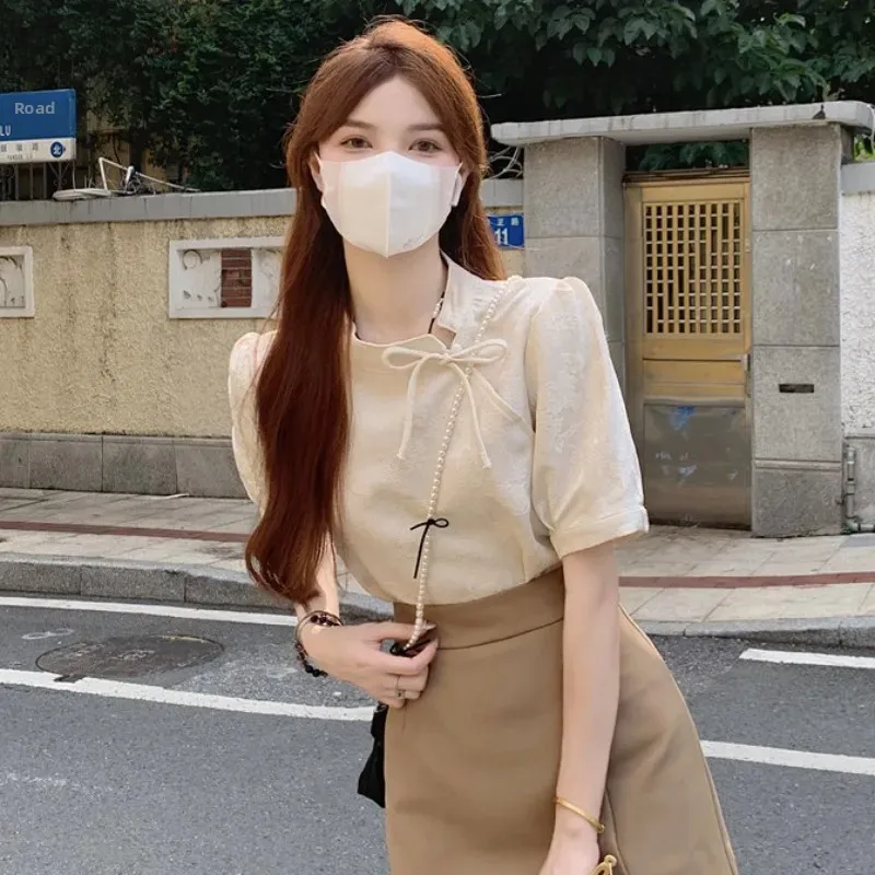 

New Chinese Style Women's Shirt Summer Short Sleeve Guangdong Puning Matched Tail Skirt Ancient Feelings High End Top