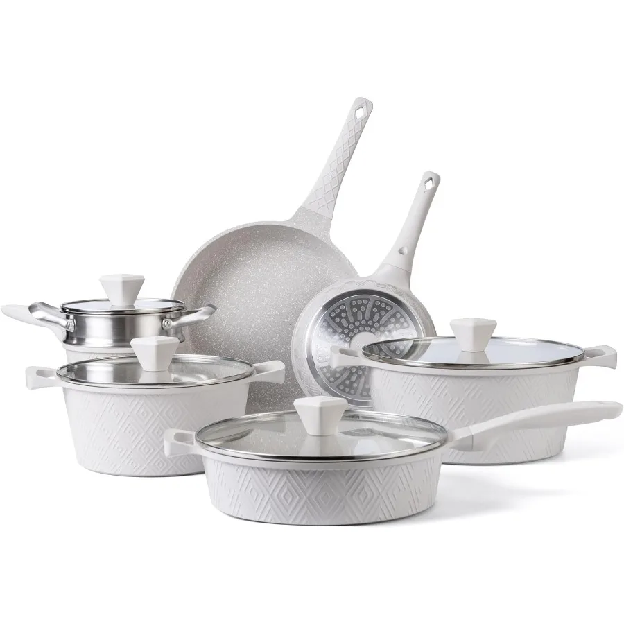 

Набор посуды из литого алюминия с антипригарным покрытием для ежедневного приготовления пищи на кухне, прочный дизайн с кремовым ромбом, 11 предметов, необходимая посуда Sui