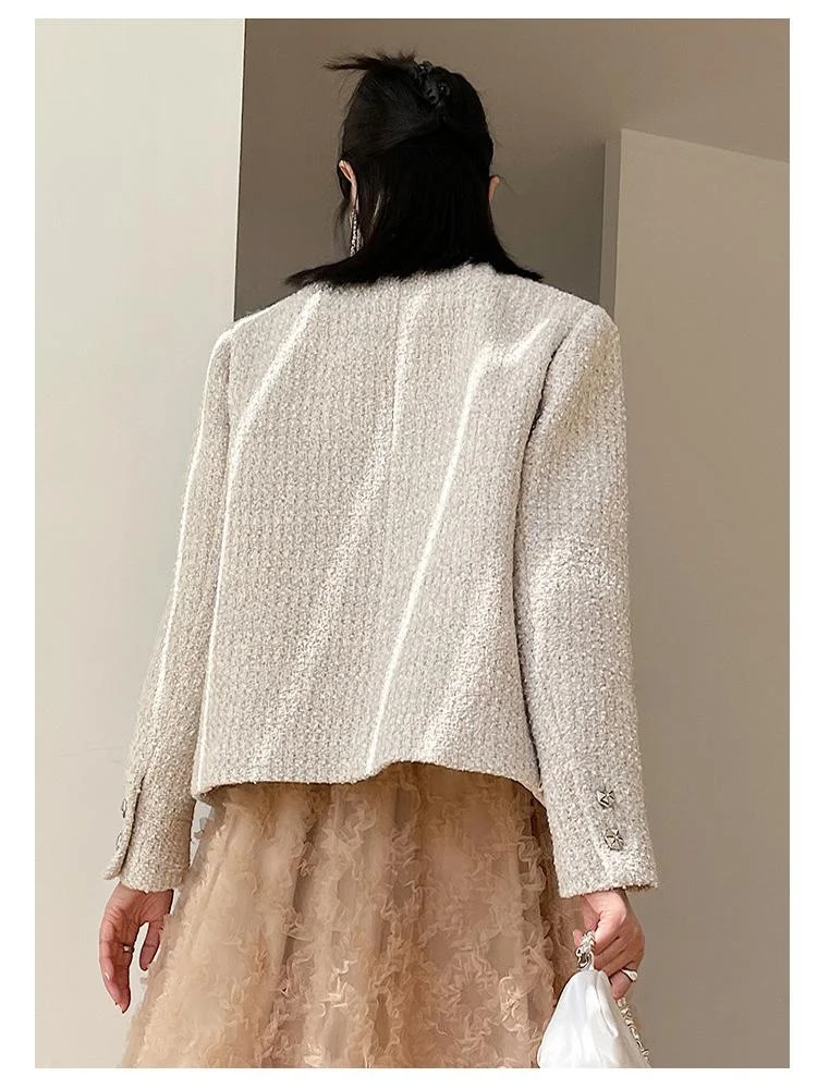 Ele round Ne White Outerwear Women's Faion Retro Sle Oaeal Color Winter New Arrival from China Straight Cut pe