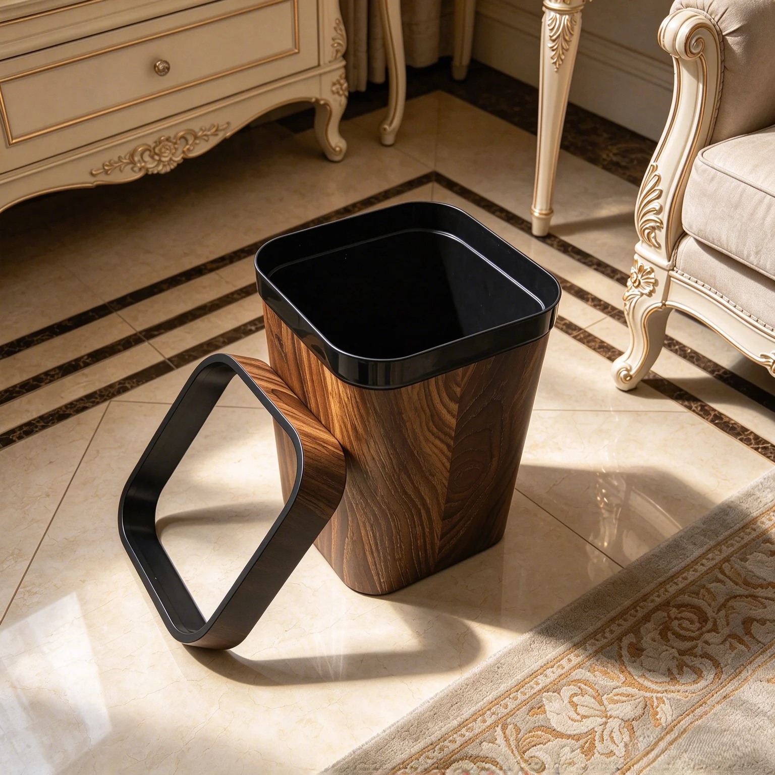 2‑Pack 7L Wood‑Grain Decorative Waste Can, Compact Square Open‑Top Household Bin with Bag‑Securing Rim for Small Space, Bathroom & Desk