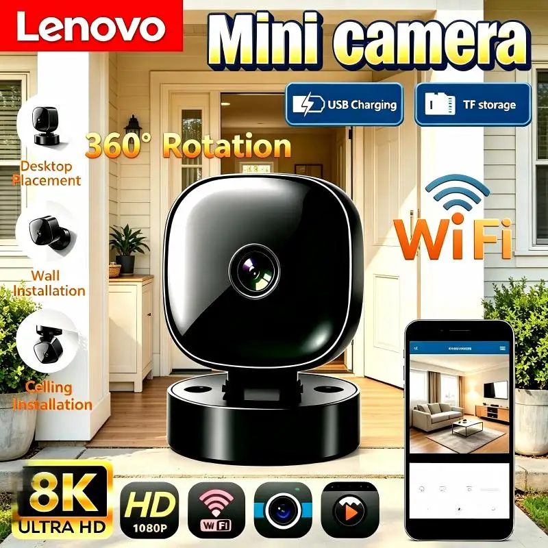 Lenovo Mini WiFi Camera AP Hotspot Remote 8K HD 360 ° Rotating  Monitor Portable Small Camcorder Home Security Surveillance New