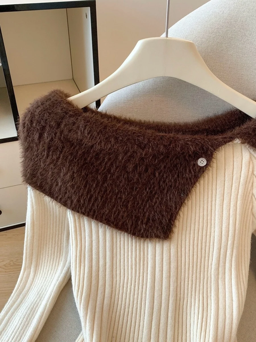 Oulder Bared Long Sve-suéter de punto ajustado para mujer, versión coreana, elemento de botón, fino Regular