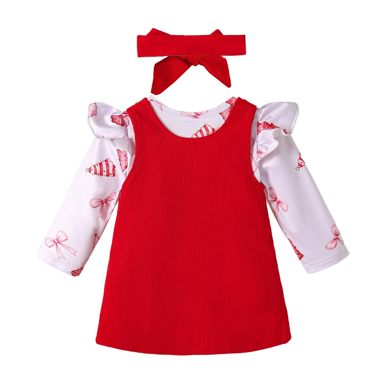 ملابس للفتيات الصغيرات الرضع بأكمام طويلة رومبير مطبوع لطيف مع أقواس مطرزة فستان قصير لحفلات أعياد الميلاد وأعياد الميلاد