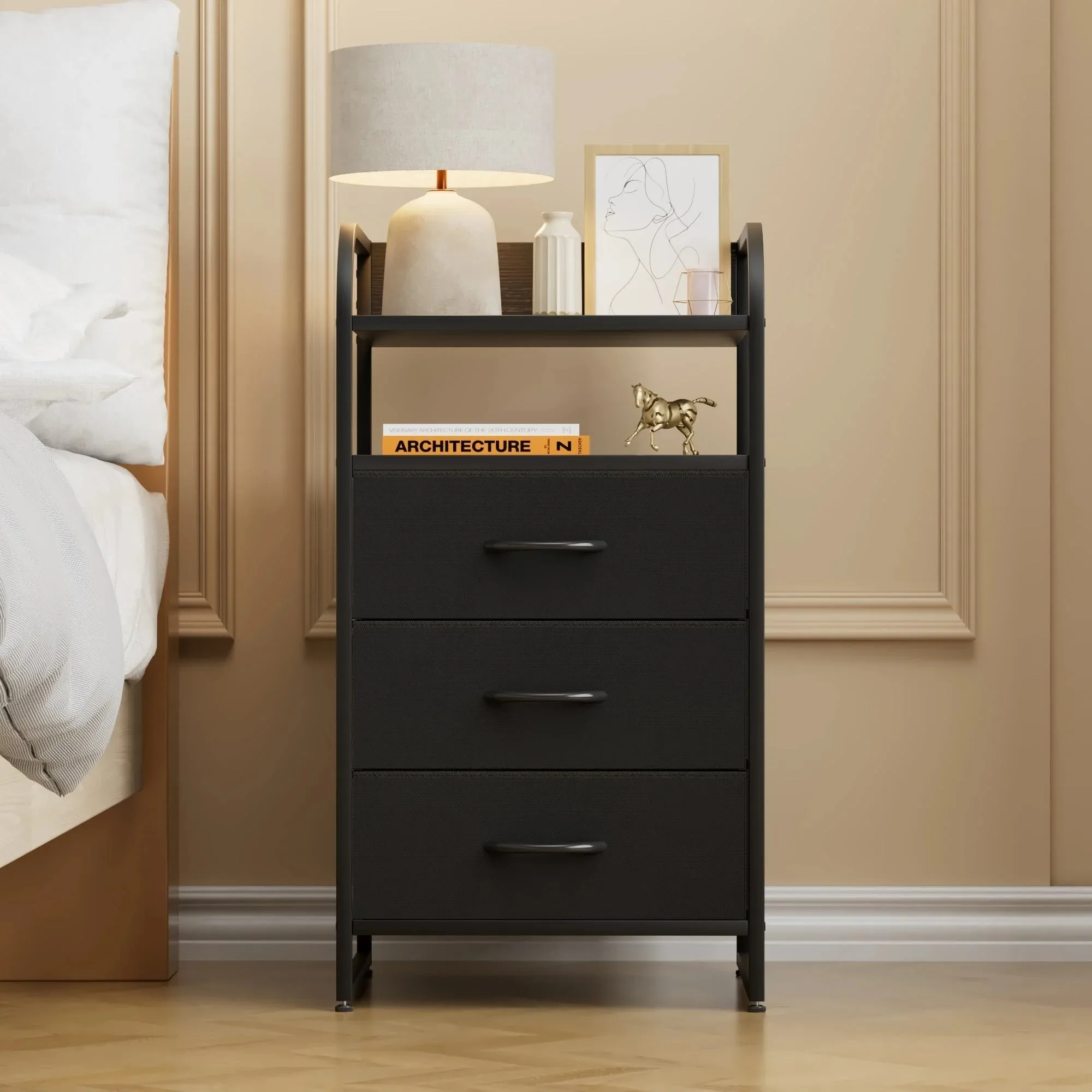 

Black Nightstand, 3-Drawer Dresser with 2 Shelves, Modern Bedside Table for Bedroom, Entryway, 300LB Capacity, Easy Assembly