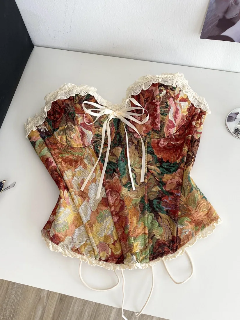 

Foamlina женский кружевной корсет с косточками, топ без бретелек, бюстье с завязками, верхняя одежда на бретельках, летние эстетические укороченные майки во французском стиле, топ-труба