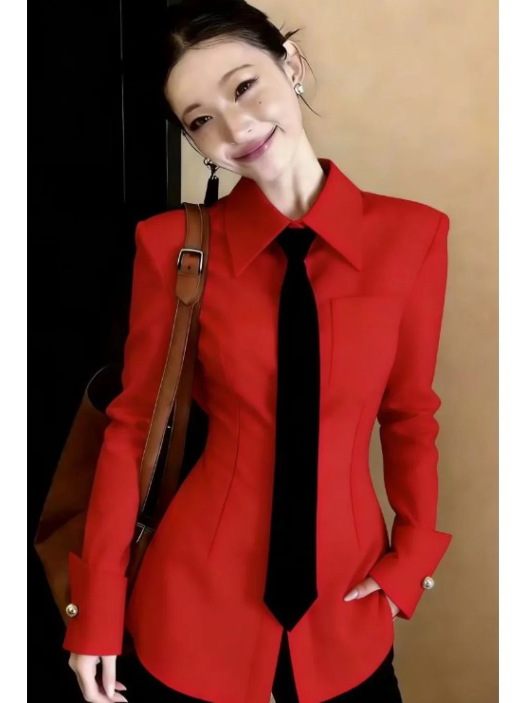 

Stylish Long Sleeve Red Shirt Women's Fashionable Belted Princess Style Spring 2026 Clothing Flip Collar Age Defying Versatil...