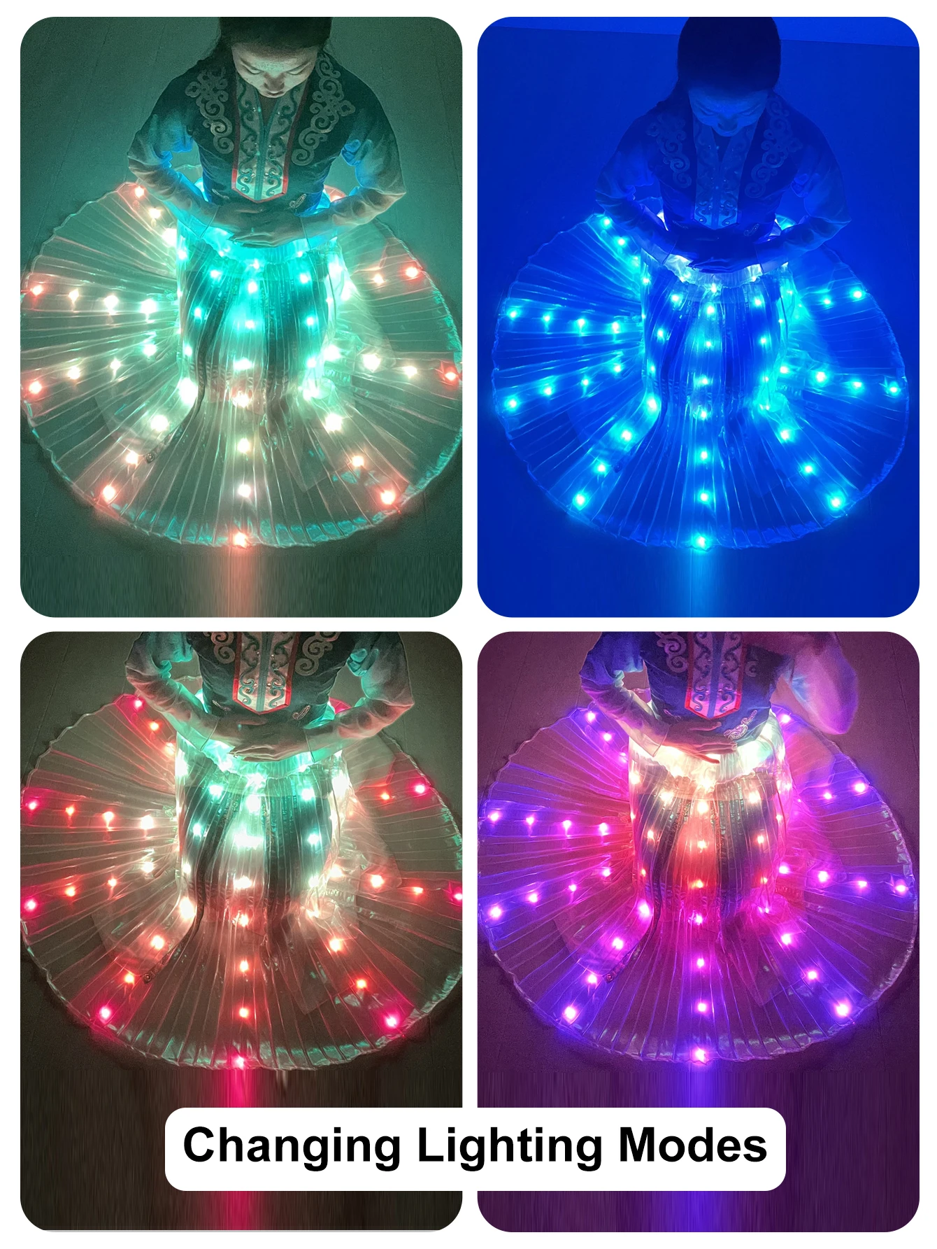 LED Light Up Belly Dance Skirt, LED Long Tutu Skirt for Rave, Halloween, Christmas Party, Dazzling LED Clothing for Women White